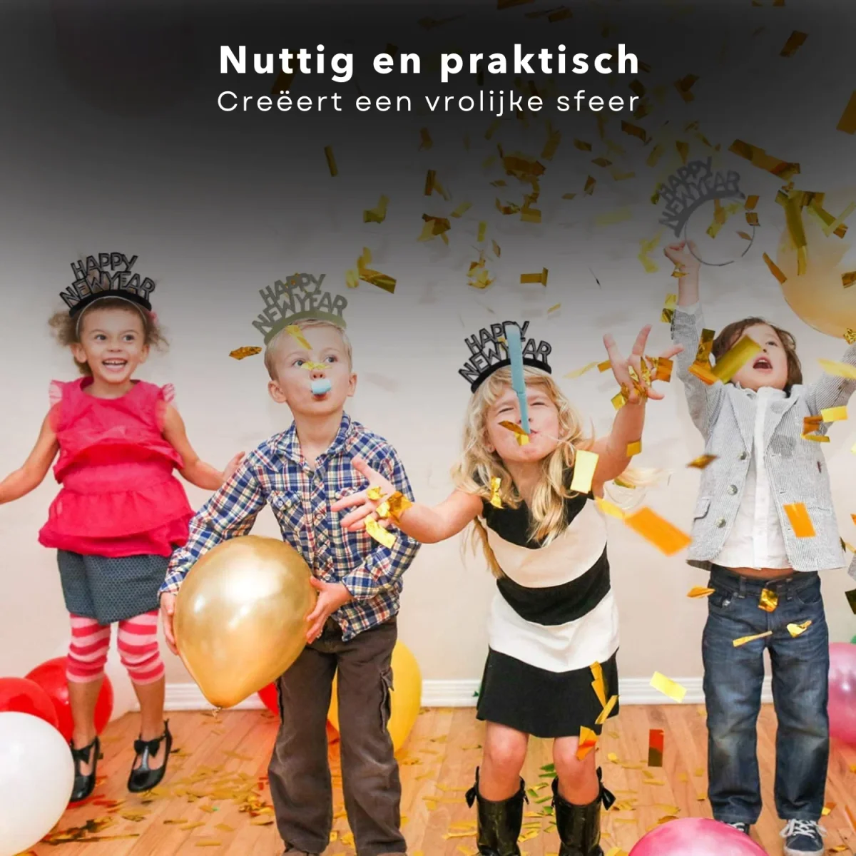 Cheqo® Partyset Happy New Year - 20 delig - 5 Tiaras, 5 Feesthoedjes, 10 Toeters - Goud, Zwart, Zilver - Feestaccessoires - Gelukkig Nieuwjaar - Feest - Decoratie - Afbeelding 6