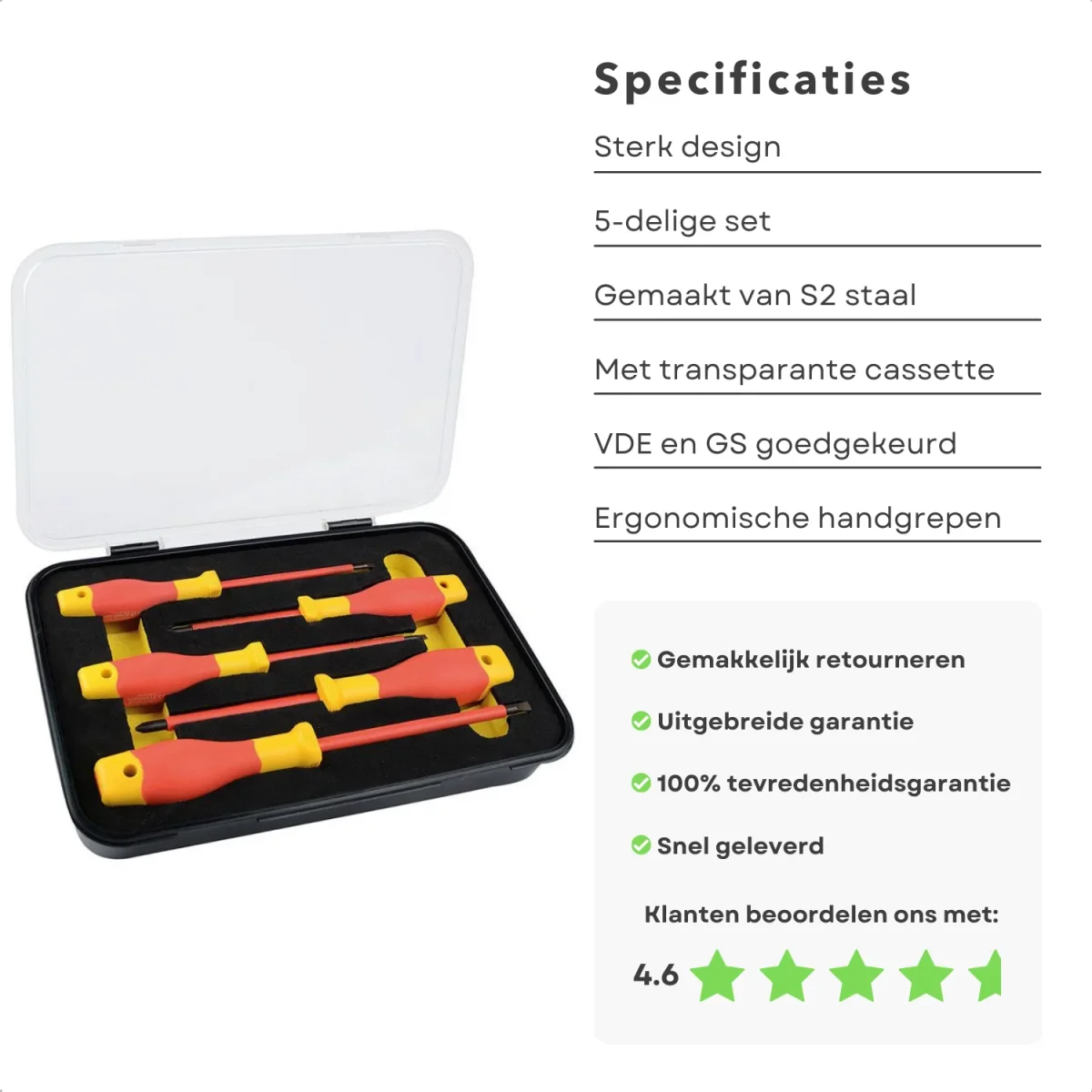 Cheqo® VDE 5-delige Schroevendraaierset in Cassette - S2 Staal - 1000V Wisselstroom/1500V Gelijkstroom - VDE & GS Gekeurd - Voor Elektra - Electro - Veilig - Kruiskop - Ergonomisch Handvat - Handige Cassette - Anti-Slip - Afbeelding 3