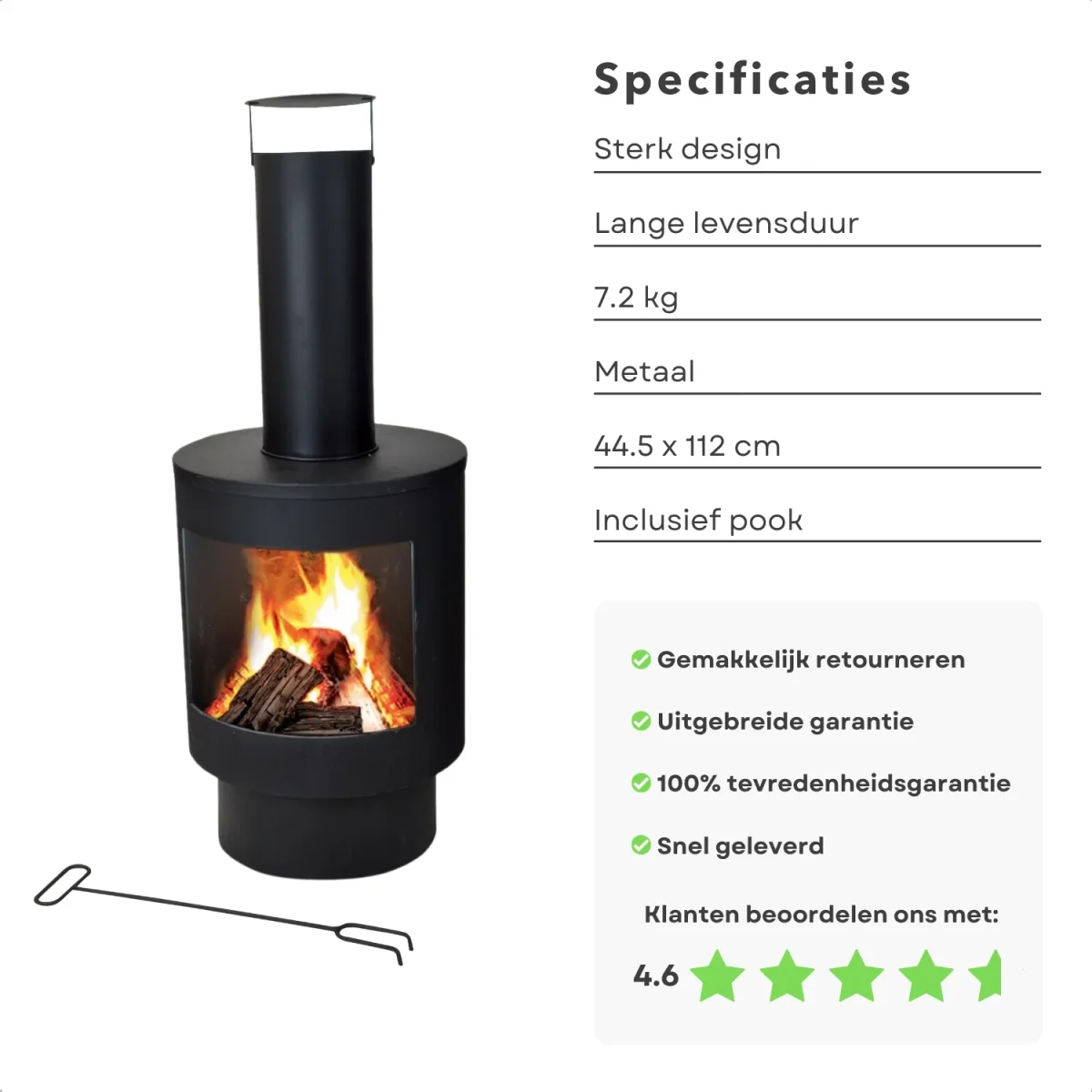 Cheqo® Terrashaard - Houtkachel - Tuinhaard - Terrasverwarming - Vuurkorf - Inclusief Pook - 112cm Hoog - 44cm Breed - Afbeelding 3