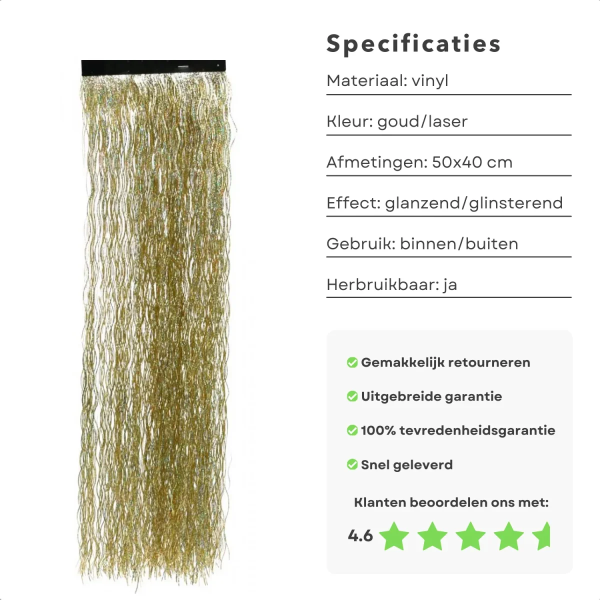 Cheqo® Glanzende Vinyl Kerstversiering - Engelenhaar - Kerstslingers - Gouden Slingers - Lametta Goud 50x40 cm - Perfect voor Kerstboom - Afbeelding 3