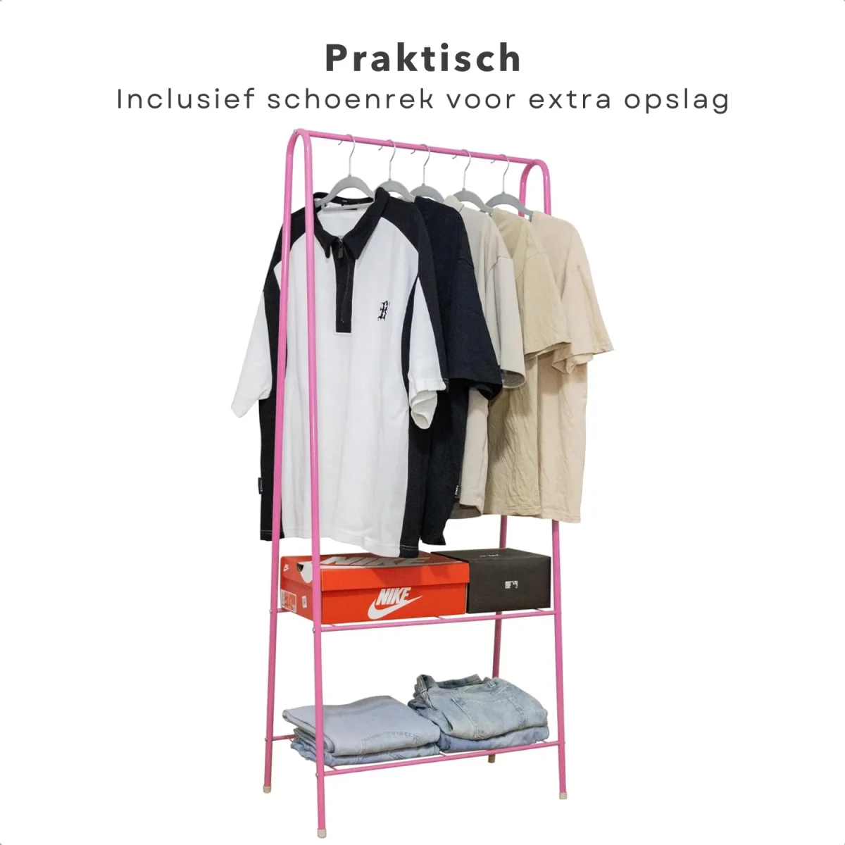 Cheqo® Kledingrek met Schoenenrek - Garderobe Kledingkast - Kleerkast - 152 cm Hoog - Metaal - Roze - Makkelijk te Monteren - Afbeelding 5